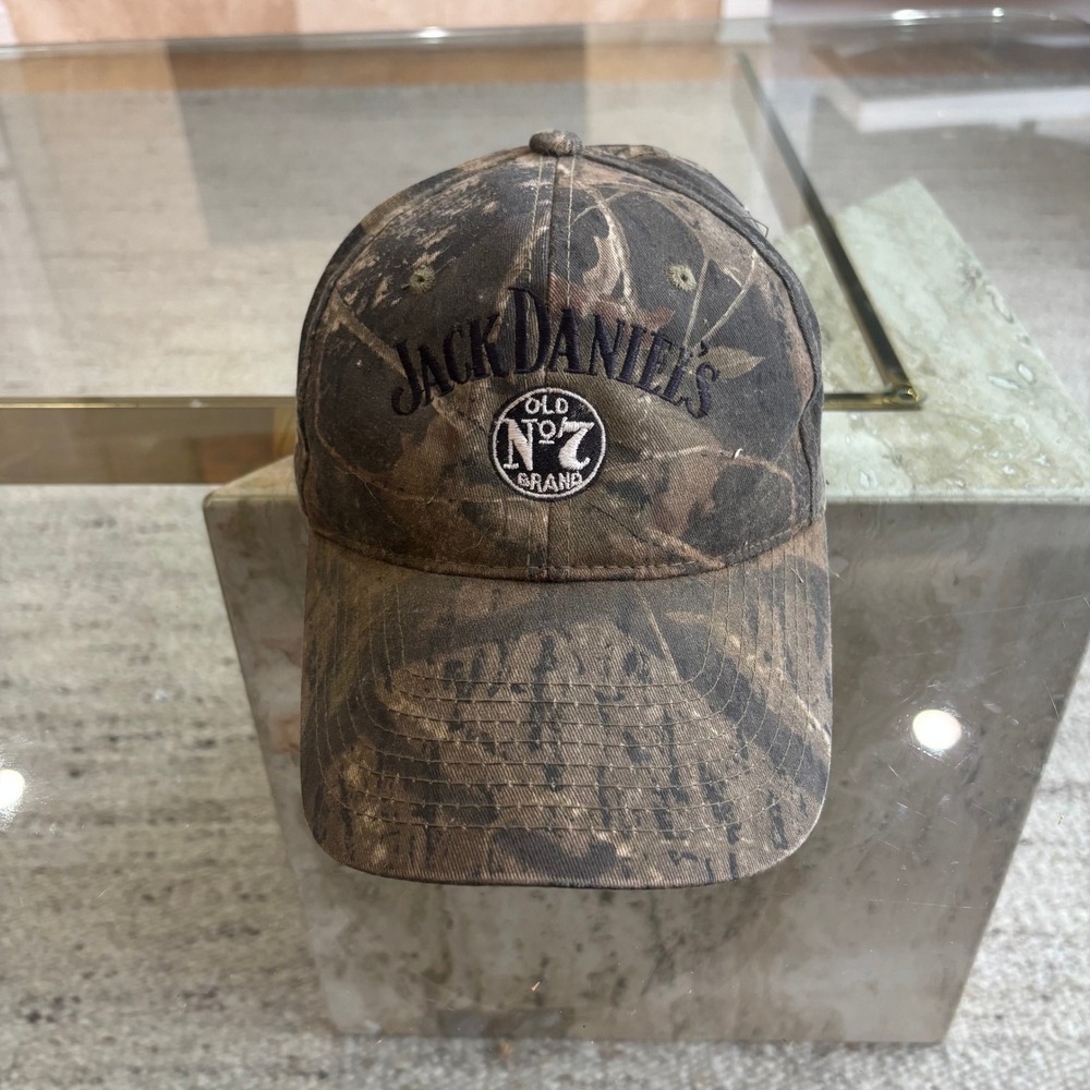 Jack Daniels Baseball Cap Mens OSFM Camo Good Used Distressed Mossy Oak Hat